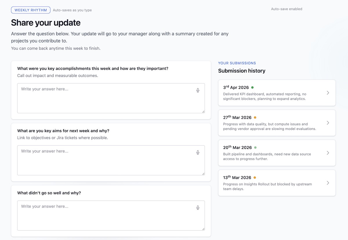 Cenra weekly check-in form with structured prompts and recent submission history.
