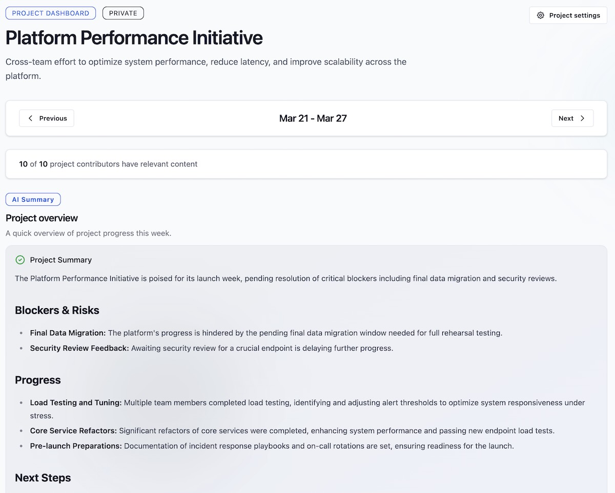 Cenra project dashboard showing a summary, blockers, risks, progress, and next steps.